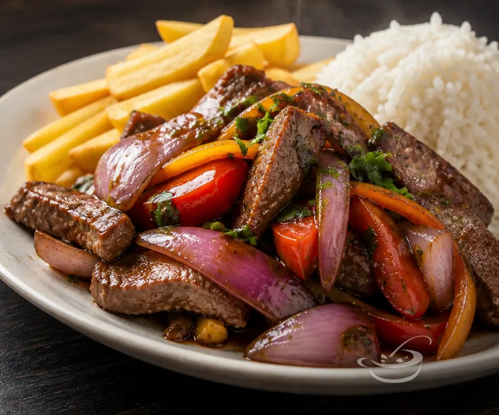Lomo saltado peruano recién servido