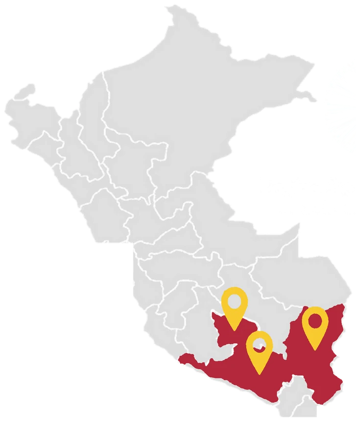 Mapa del Perú con las regiones de Ayacucho, Puno y Arequipa destacadas